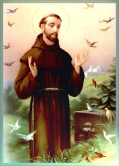 Painting of St. Francis with birds flying around him